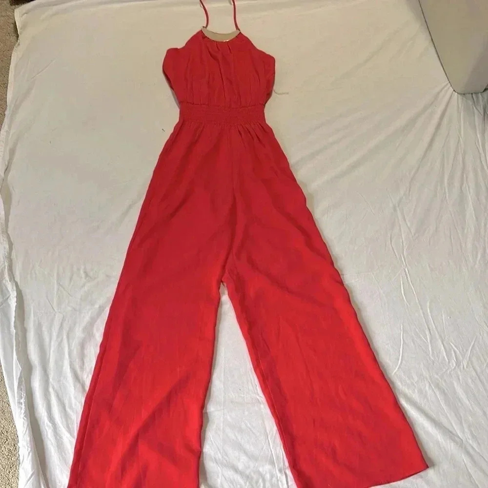 Charlotte Russe Pink Wide Leg Jumpsuit Halter top Ruched middle size M